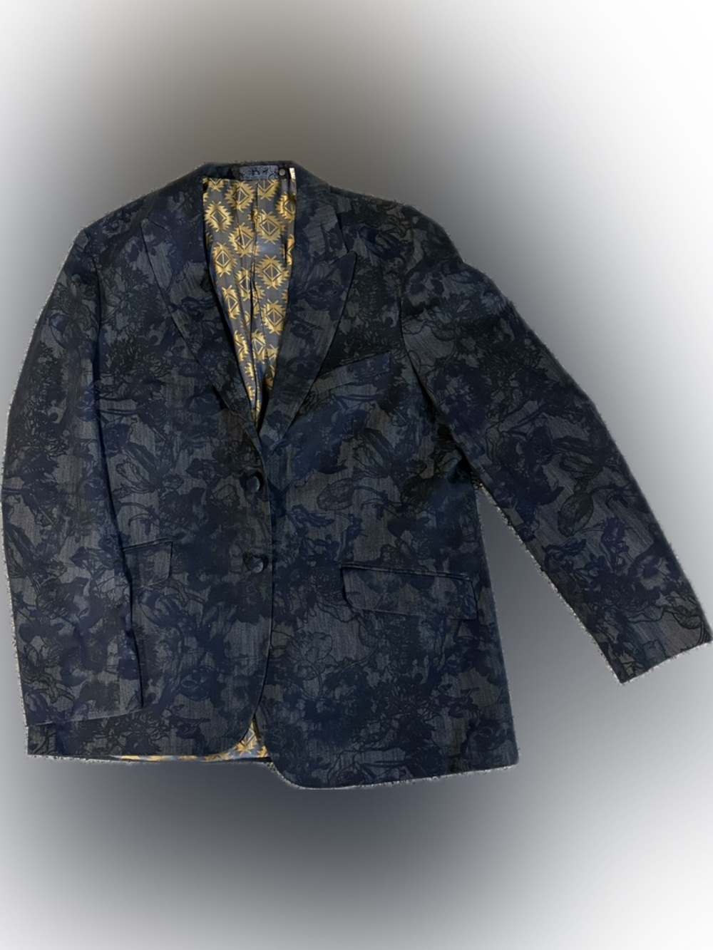 Navy Floral Jacquard Blazer with Gold-Patterned Lining